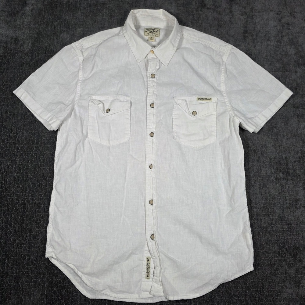 Lucky Brand Mens White Short Sleeve Linen Blend Western Snap Shirt Small S